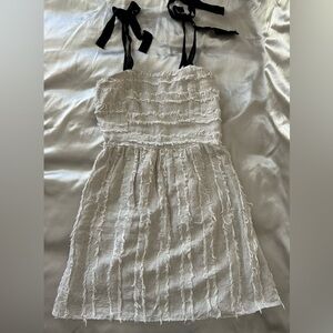 fab'rik White Textured Dress with Black Ties Natural Fabric Linen